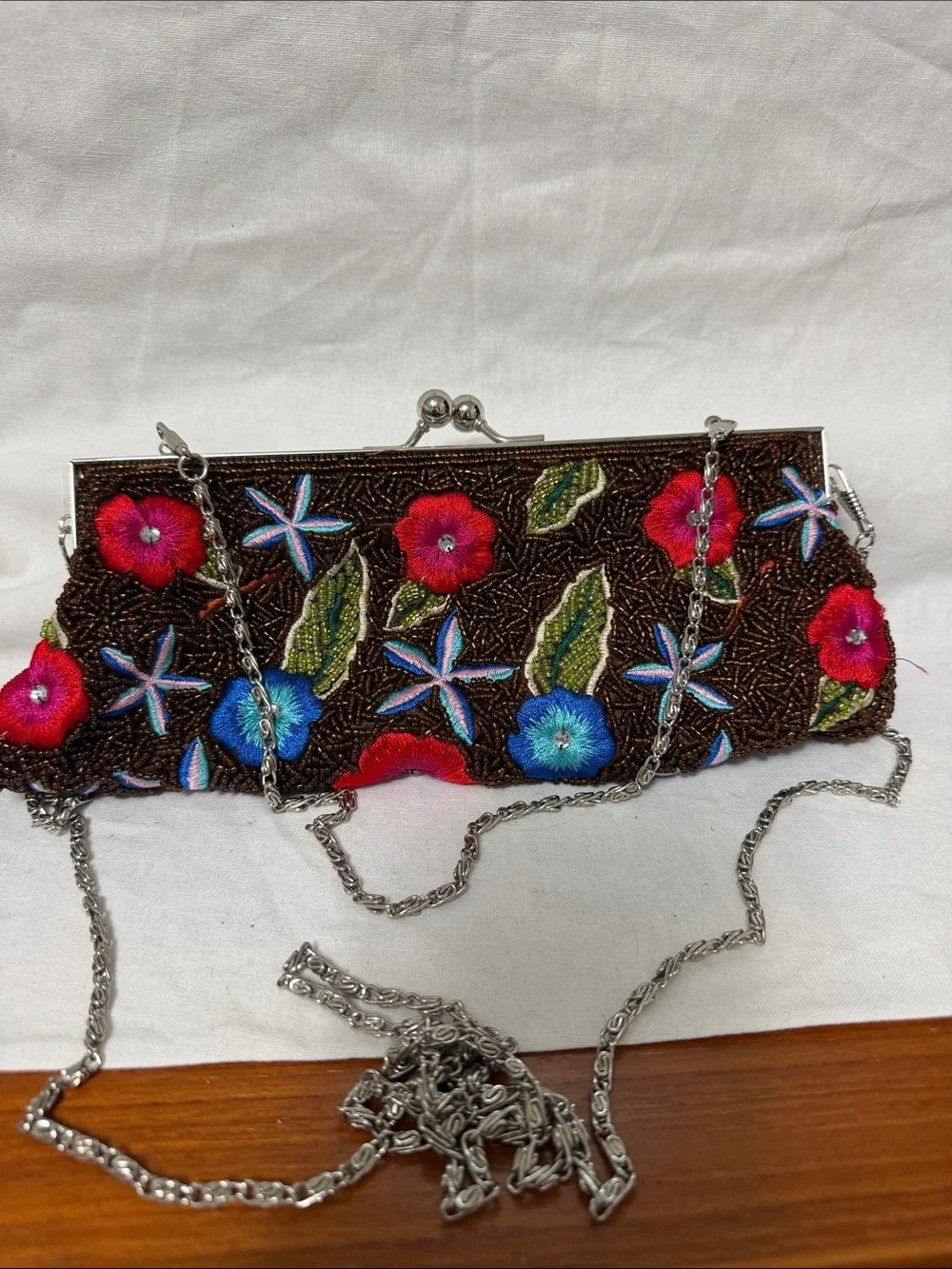 Beaded Floral Embroidered Evening Clutch - Brown with Red & Blue Flowers